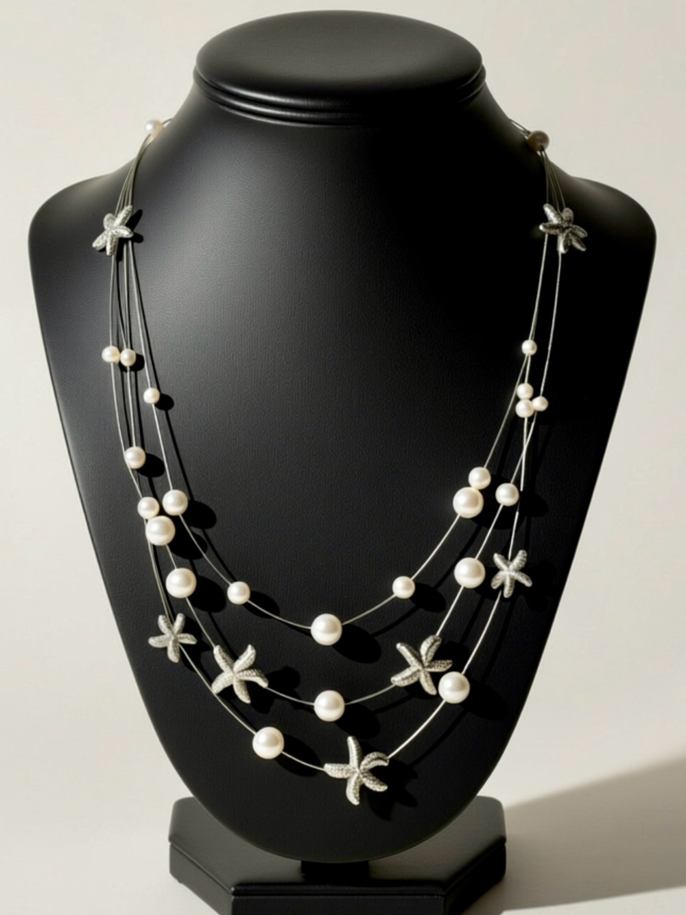 Coastal Pearl & Starfish Layered Necklace – Beachy Multi Strand Necklace